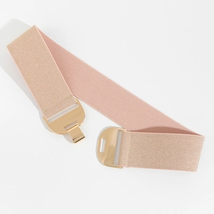 Close-up of pink elastic woven belt featuring a polished gold geometric metal buckle
