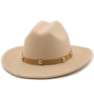 Classic beige wool fedora hat with wide brim and studded leather band for men and women