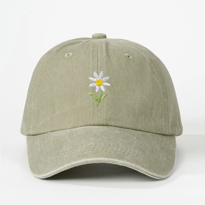 Olive green baseball cap with daisy embroidery and adjustable strap for outdoor sun protection