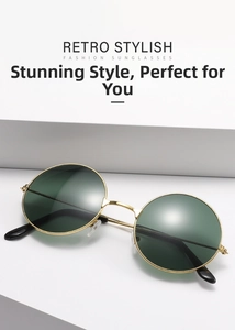 Retro round sunglasses with gold metal frame and dark lenses on white steps