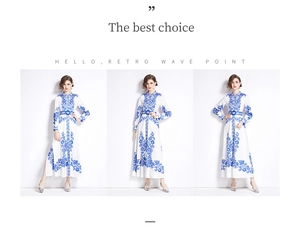 Dettagli dell'abito bianco con stampa barocca blu e cintura indossato da modella