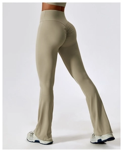 Detail of high waist yoga flare pants with scrunch butt lifting design in khaki green