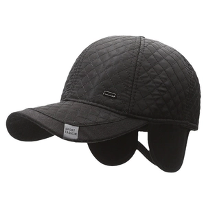 Men's winter quilted baseball cap with ear flaps in black and warm fleece lining