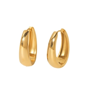 Polished 18k gold plated stainless steel U-shaped hoop earrings on white background