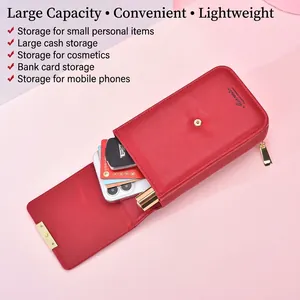 Red lychee grain leather crossbody phone bag with gold buckle and multi-layer storage