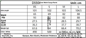 Size guide for low waist cargo pants showing measurements for XS S M and L in centimeters