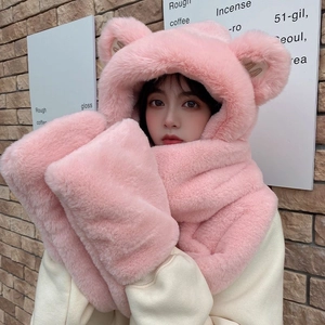 Pink plush 3-in-1 winter hood scarf and gloves set featuring cute bear ears design