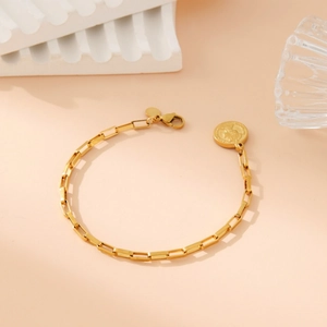Elegant 18K gold plated stainless steel bracelet with vintage coin pendant and lobster clasp
