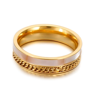 Elegant gold titanium steel ring with white shell inlay and chain link texture detail