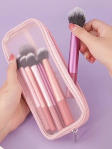 Trousse en résille rose avec 5 pinceaux de maquillage dégradés pour le visage