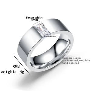 Macro detail of 8mm titanium steel ring with rectangular zircon and comfort fit band