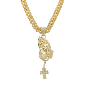 Men Hip Hop Iced Out Praying Hands Cross Pendant Necklace Alloy Rhinestone Cuban Chain Religious Jewelry