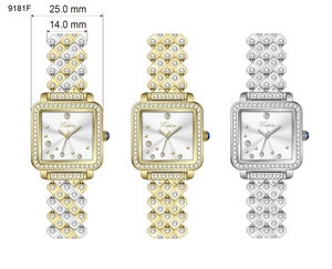 Close-up of three square diamond-encrusted women's watches in gold and silver finishes