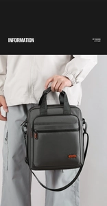 Detail view of large dark grey business messenger bag with multiple zipper pockets