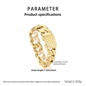 Detail showing 25mm wide golden stainless steel Cuban link bracelet with pebble texture