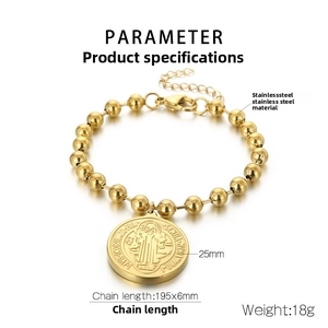 Detailed specs of gold stainless steel St. Benedict medal bracelet with 6mm bead chain