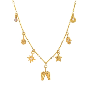 18K gold plated stainless steel necklace with sun, shell and Hamsa Hand charms