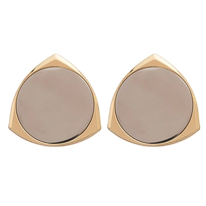 Minimalist gold-plated triangular earrings with smooth taupe enamel inlay on white background
