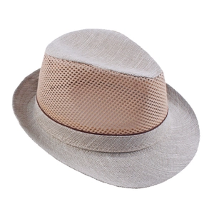 Close-up of beige summer fedora featuring breathable honeycomb mesh and dark decorative band