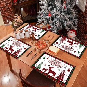 Placemat Christmas Table Decoration Heat Resistant Polyester Reindeer Elk Buffalo Plaid Holiday Party Decor