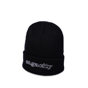 Detailed close-up of white Sagacity embroidery on a classic black knitted beanie cap
