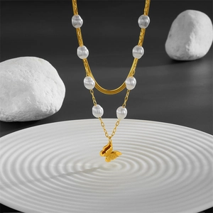 Double Layer Necklace Butterfly Pendant Golden Titanium Steel Artificial Baroque Pearl Snake Bone Chain Elegant Jewelry For Women
