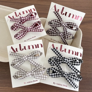 Plaid fabric bow hair clips set for girls in burgundy, coffee, grey, and black patterns