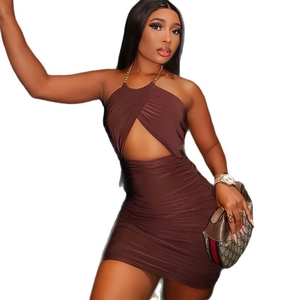 Chocolate brown halter neck bodycon mini dress with waist cut-out and ruched detailing