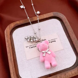 Pink Flocked Bear Pendant Long Sweater Chain Necklace With Glass Artificial Pearl Stainless Steel Copper Bow Elegant For Women