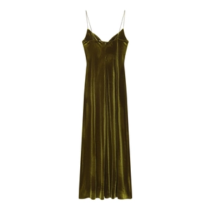 Sleek olive green velvet camisole maxi dress with a slim fit and glossy texture