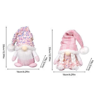 Pink and white plush Christmas gnomes set with sequins and size dimensions in 33x16x7cm