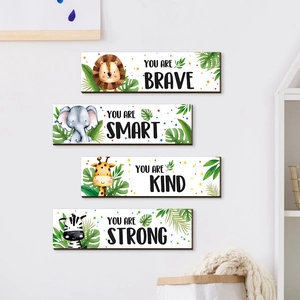 Animal Wooden Wall Hanging Sign Nursery Decor Poplar Wood Cartoon Lion Elephant Giraffe Zebra Inspirational Quotes Kids Room