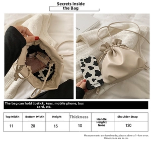 Detaillierte Größentabelle und Maße der beigen Kordelzug-Beuteltasche mit Umhängeriemen