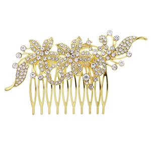 Goldener Brauthaarkamm mit eleganten Strasssteinen und filigranem Blumen- und Blattdesign