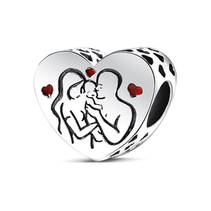 Detailed silver heart bead with engraved family design and tiny red enamel hearts
