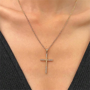 Fashion 18K Gold Plated Stainless Steel Cross Pendant Necklace Rhinestone Inlaid Personalized Christian Religious Jewelry For Unisex
