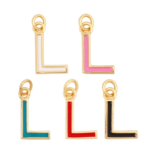 Detail of colorful enamel letter L pendants in gold finish available in five vibrant colors
