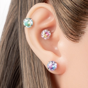 Titanium steel stud earrings featuring colorful 8mm gradient cubic zirconia stones