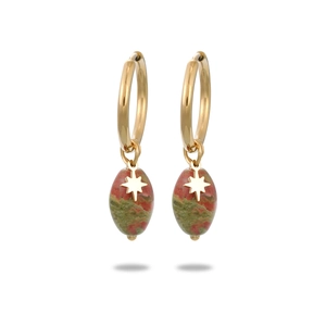 Close-up of gold-plated hoop earrings with star-embossed oval natural stone pendants