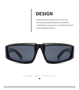 Detail view of bold black square wrap-around sunglasses with flat top punk aesthetic