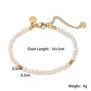 Elegant 18K gold plated stainless steel pearl bracelet with 16+5cm adjustable chain