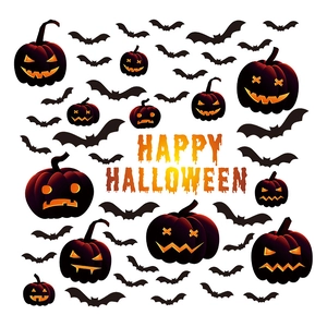 Halloween muurstickers met pompoenlantaarns en zwarte vleermuis silhouetten decor