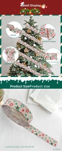 Détail de ruban de Noël en imitation lin avec bordure filaire et motifs de fête pour DIY