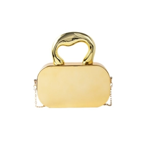 Fashionable gold acrylic mirror clutch bag with curved metal handle and chain strap for women