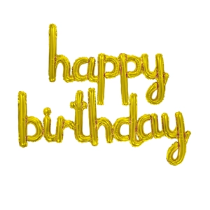 Close-up of metallic golden Happy Birthday foil letter balloon set on a plain white background