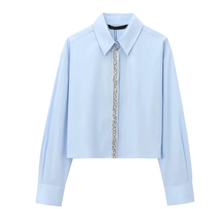 Women Light Blue Long Sleeve Blouse Poplin Cropped Shirt With Rhinestone Trim Fashion Elegant