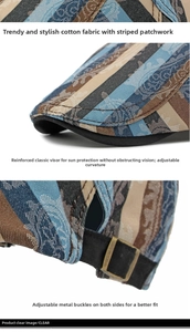 Detail view of the striped cotton beret showing reinforced brim and adjustable metal buckles