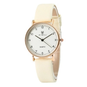 Minimalist vintage women's quartz watch with cream leather strap and rose gold case