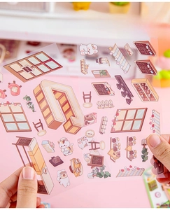 Detailed macro of PET 3D cafe stickers with cute cat characters and furniture illustrations