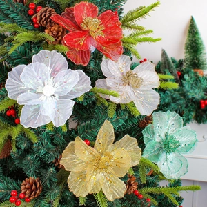 Artificial Christmas Tree Flowers Glitter Mesh Organza Sequin Poinsettia For Holiday Wedding Party Decor DIY Ornament
